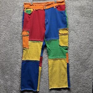 Fashion Patchwork Denim Pants Women's 2XL Distressed Jeans Raw Hem Colorblock